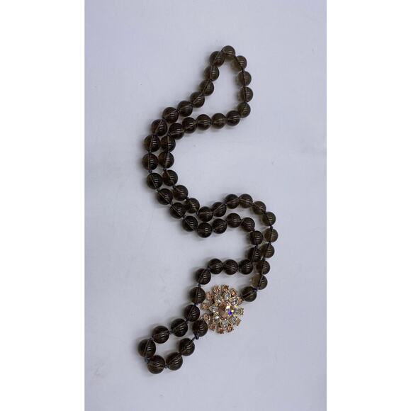 Hand Knotted Long Smoky Quartz Glass Beaded Rhinestone Flower Accent Necklace - Picture 7 of 11